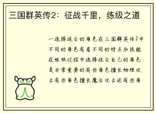 三国群英传2：征战千里，练级之道