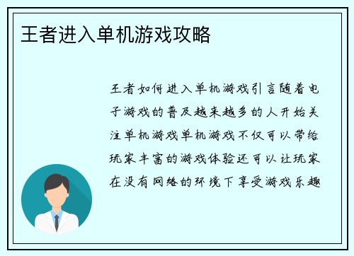 王者进入单机游戏攻略
