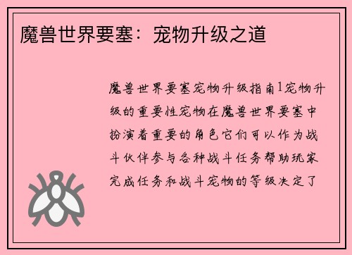 魔兽世界要塞：宠物升级之道